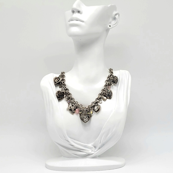 Kirks Folly Vintage Heart, Lock + Key Charm Necklace w/ Aurora Borealis Crystals - Picture 13 of 15